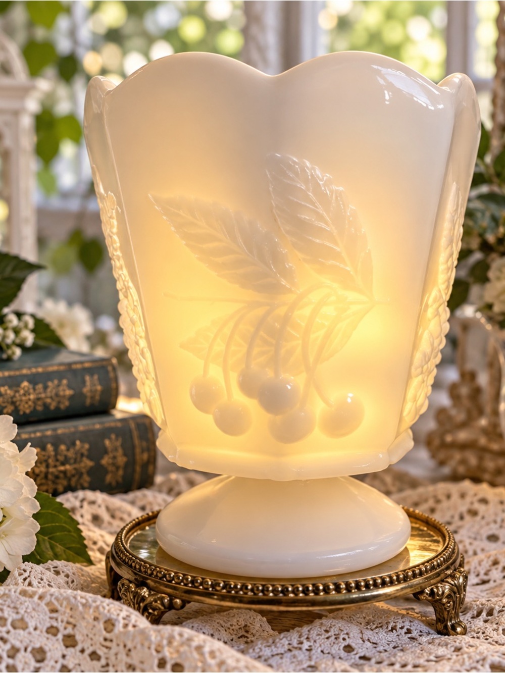 Vintage Milk Glass Floral Fairy Lamp | UV Pink Glow | Styled Vintage Glass